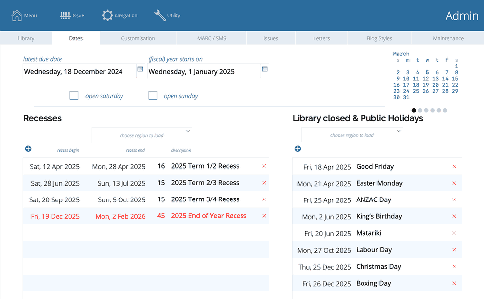 admin -> dates tab