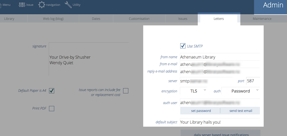 setting smtp settings in the letters tab of admin