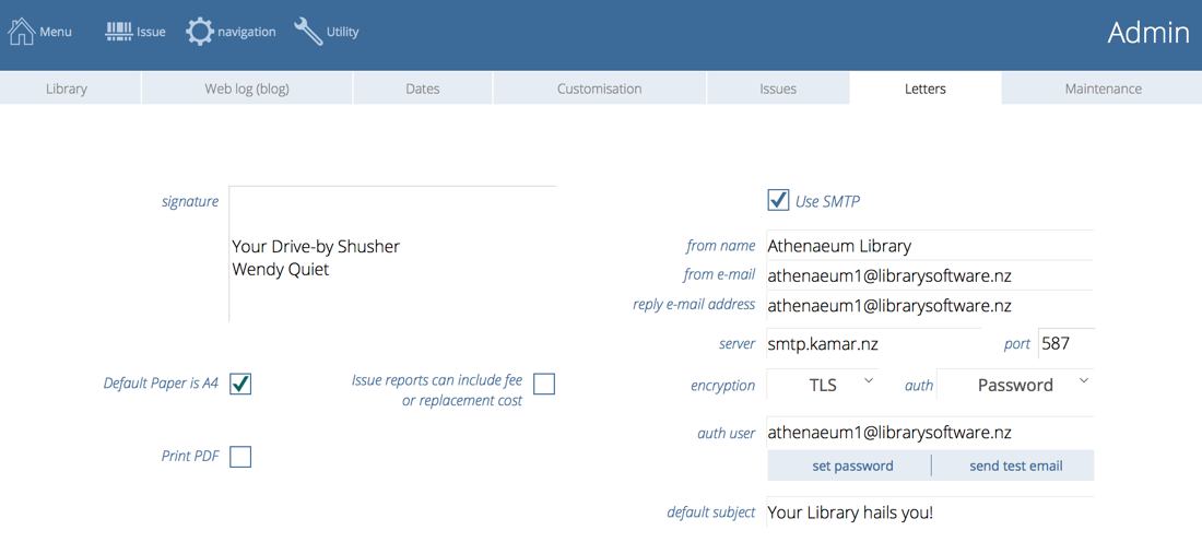 Setting SMTP settings, sender details and default subject