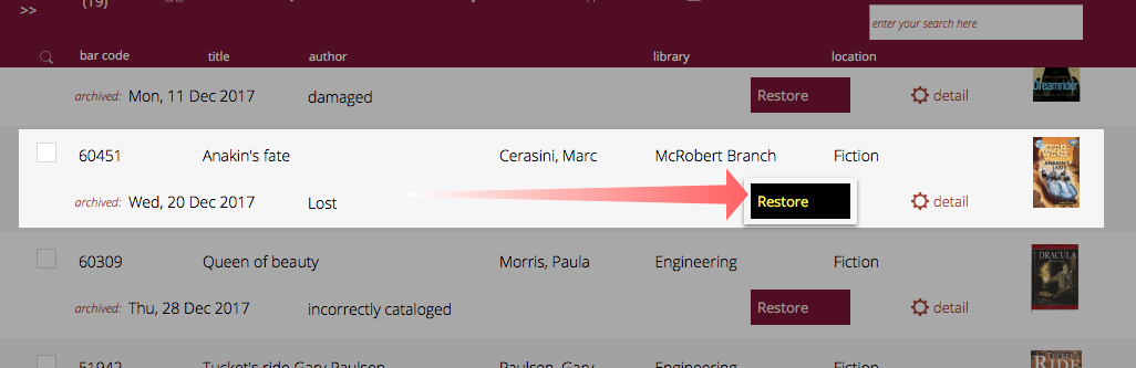 restore from list view
