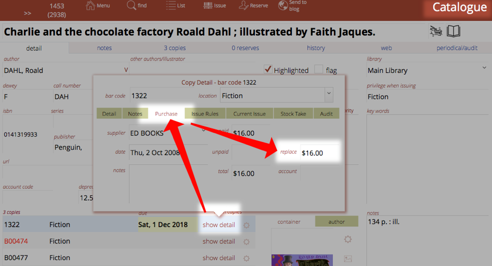 setting a replacement fee for each copy from catalogue detail screen