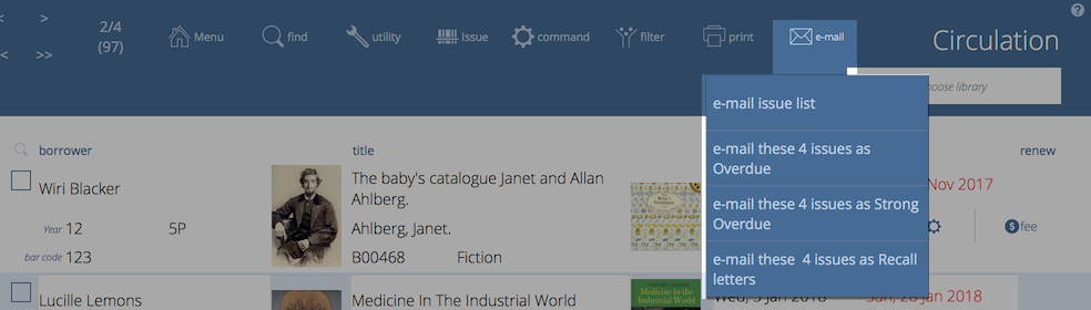 circulation email menu generates letters for you and offers to send them immediately