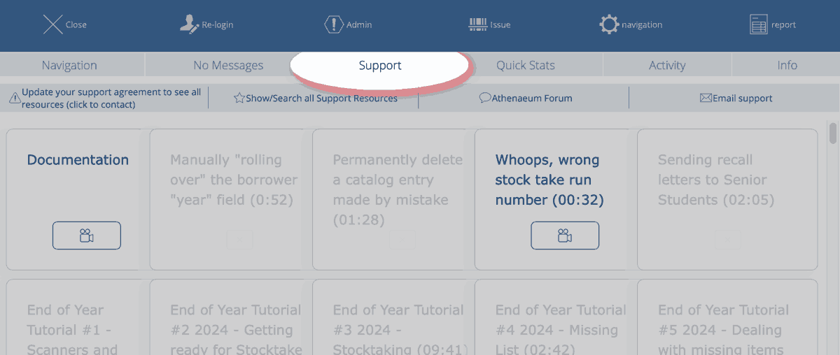 support tab showing links to pop up windows for recent videos
