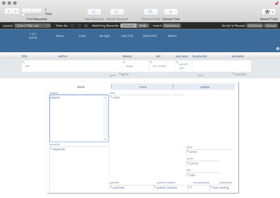 The guest detail search screen - note that the colour of the header (blue) is different to the colour of the header when logged in as admin (ochre). This is deliberate and makes it easy to spot when a computer is logged in as guest or admin.