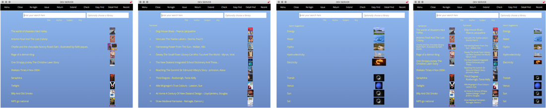Various configuration of desktop search window. 1) showing search plus Highlighted items 2) showing search plus a list of top issues 3) showing search suggestions 4) all three options shown at the same time