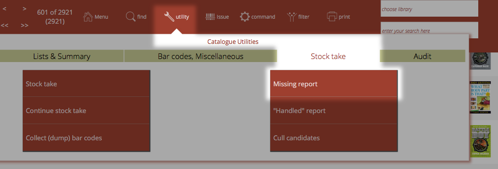 catalogue->utilities->stock take->missing report