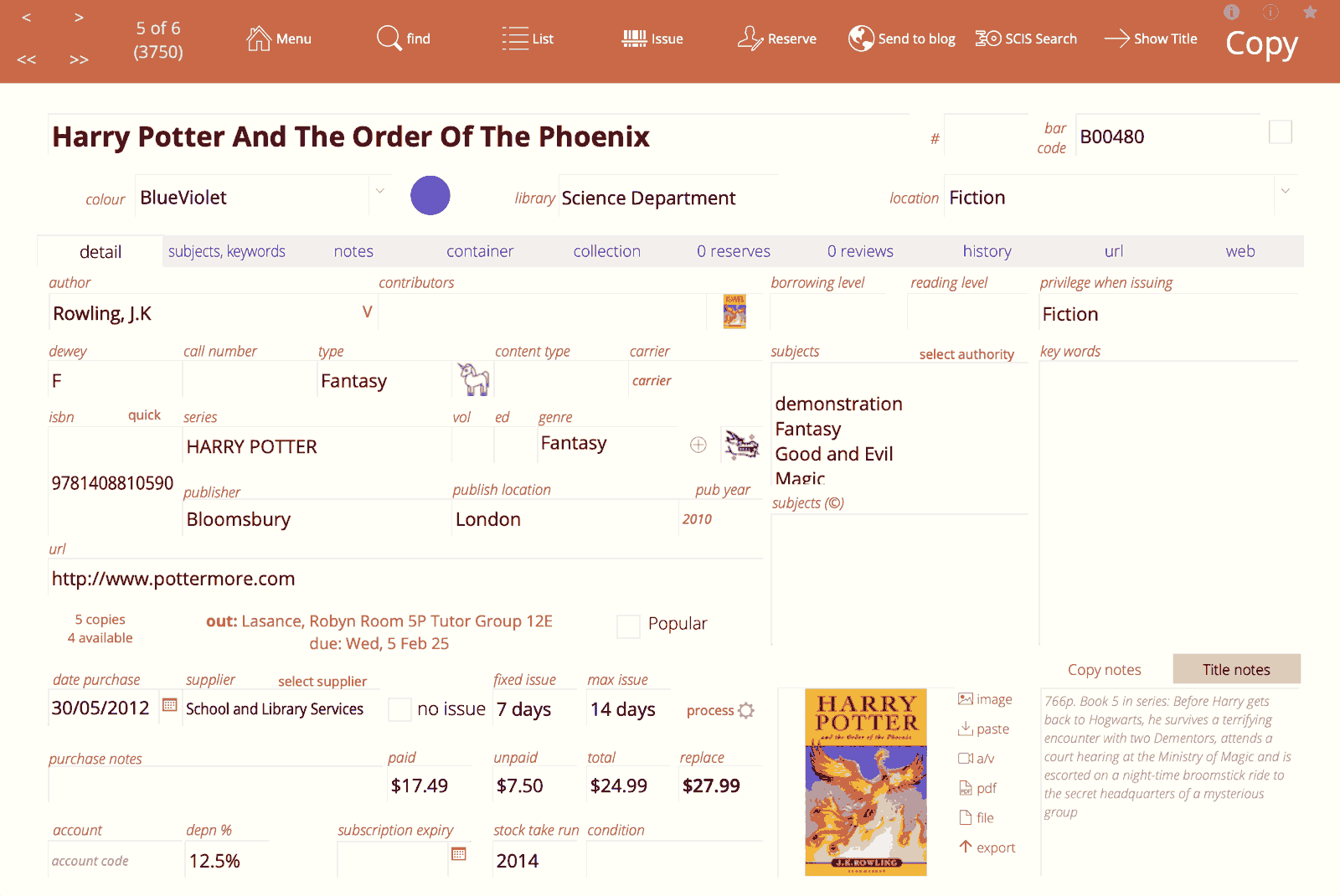 A title with 3 copies and a detail popover for one of the copies shwoing