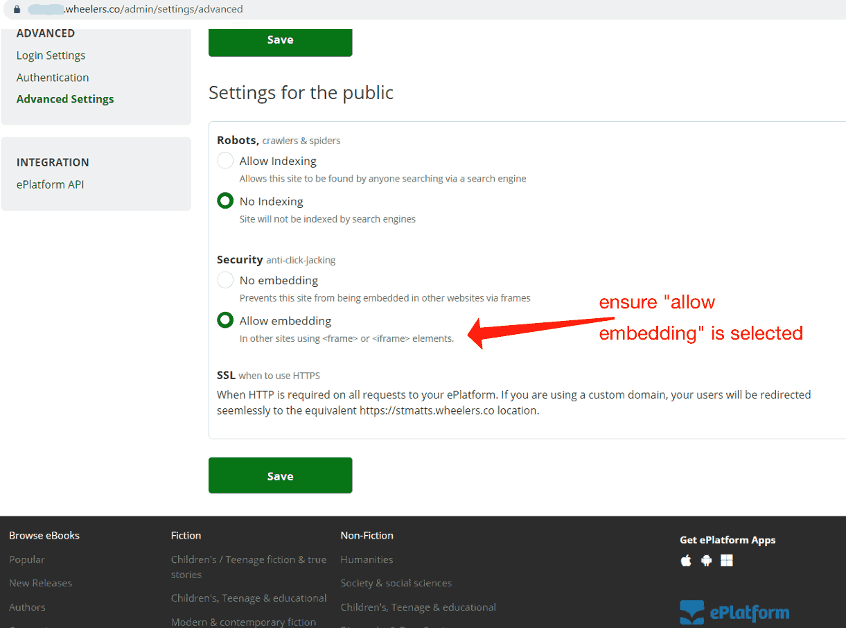 Ensure you set "allow embed" on your Wheelers settings so that your eBooks can be seen directly